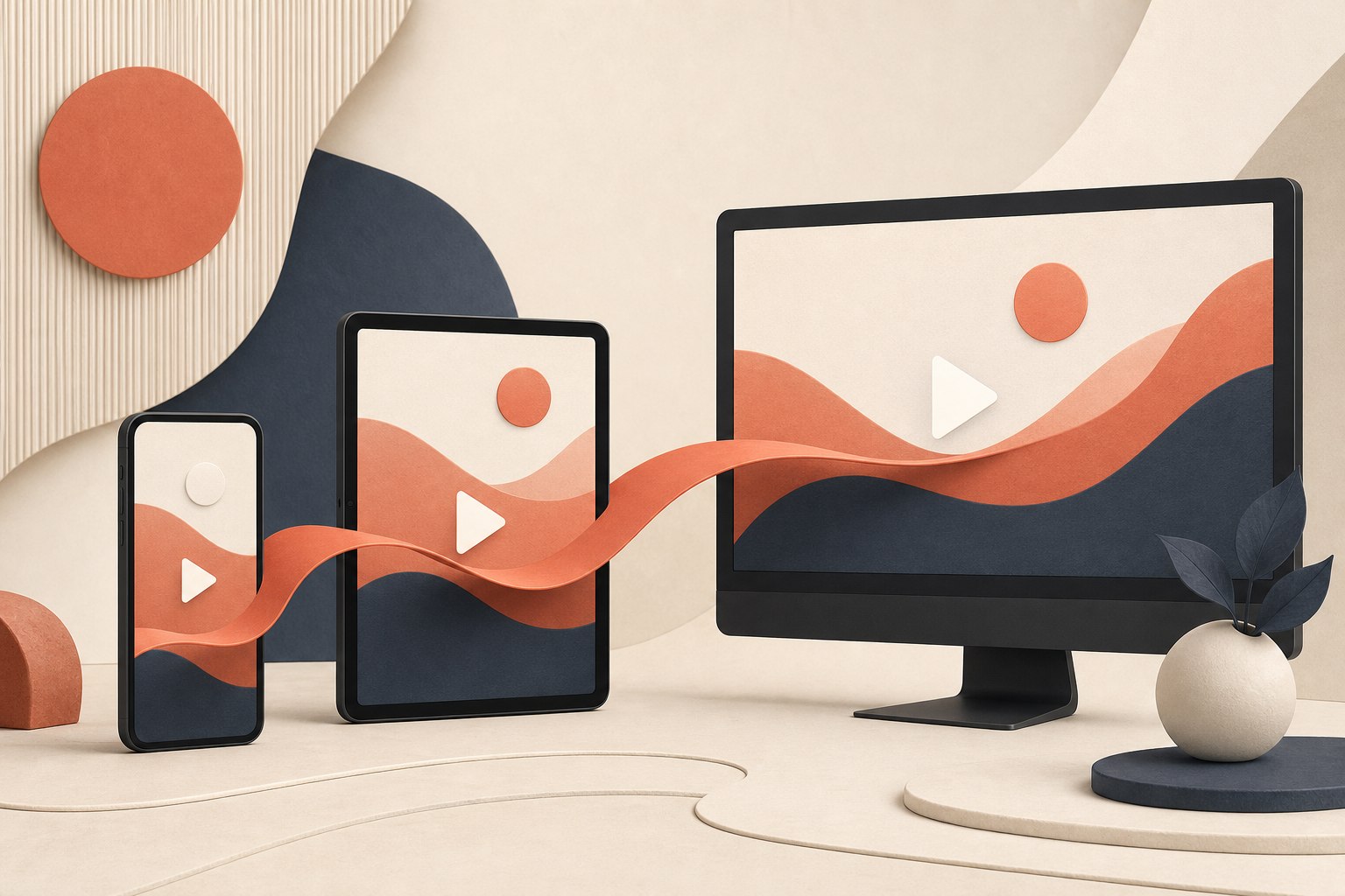 Illustration of a video flowing between a phone, tablet, and desktop display